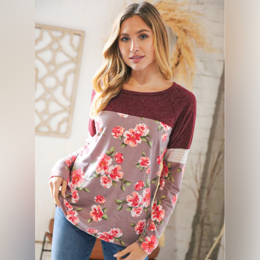 Burgundy Floral Color Block Top - Picture 4 of 7